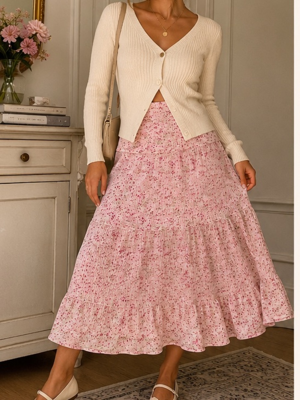 Alice Blue Pink Floral Pleated Tiered Maxi Skirt